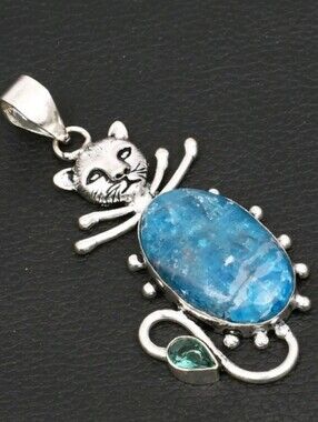 Blue Apatite, Green Apatite Gemstone 925 Sterling Silver Cat Pendant Necklace